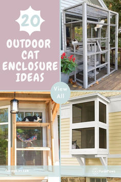 an outdoor cat enclosure is shown with the words view all above it and below it