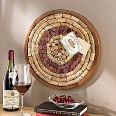 a cork board with wine glasses on the table