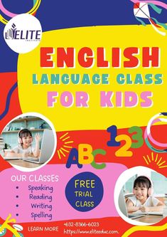 an english language class for kids flyer with two children's pictures on the front