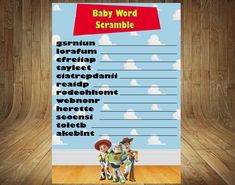 a baby word scramble board with the names of different children's characters on it