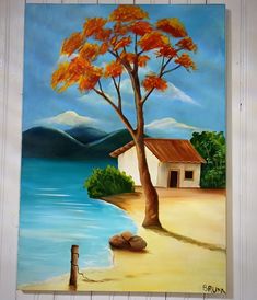 a painting of a house by the water