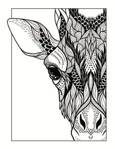 a black and white drawing of a giraffe's head with patterns on it