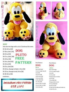 a crocheted stuffed dog is shown with instructions for how to sew it