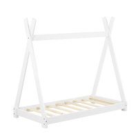 a white bed frame with wooden slats on the bottom and bottom bunk below it