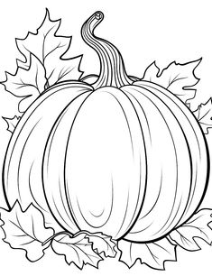 a black and white drawing of a pumpkin surrounded by leaves