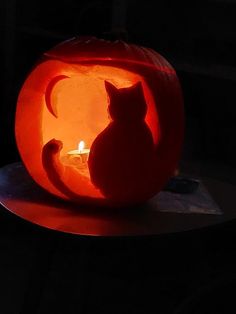 a cat carved into a pumpkin with a candle in the middle and a light inside