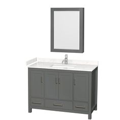 Wyndham Collection Sheffield 48 Inch Single Bathroom Vanity in Dark Gray Carrara Marble Countertop, Square Sink, Bathroom Furnishings, Vanity Set With Mirror, White Quartz Countertop, Marble Countertop, Marble Vanity Tops, Installing Cabinets, Cultured Marble