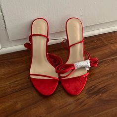 Brand New, Never Worn. Red Suede Stilettos With Calf Tie. Red High Heel Heels For Date Night, Red Heels For Spring Date Night, Red High Heels For Date Night, Red Heels For Date Night In Spring, Trendy Red Low Heel Shoes, Trendy Red Low Heel Heels, Chic Red Heels With Wrapped Heel, Holographic Heels, Feather Heels