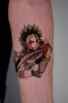 a tattoo on the leg of a person with a knife and checkered dress shirt