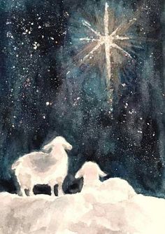 two sheep are standing in the snow under a star