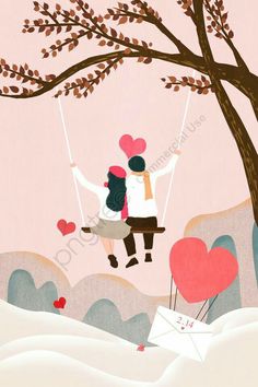 two people sitting on a swing in the snow with hearts flying around them and holding hands