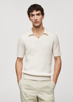 100% braided cotton polo - Men | Mango Man USA Casual V-neck Polo Sweater For Summer, V-neck Polo Shirt With Ribbed Collar For Work, Casual V-neck Polo Shirt With Ribbed Collar, Summer V-neck Tops With Ribbed Collar, Cotton V-neck Top With Ribbed Collar, Summer Knit Polo Sweater With Polo Collar, Summer Knit Polo Sweater With Ribbed Collar, Summer Knit Polo Shirt With Ribbed Collar, Cotton V-neck Polo Sweater For Spring