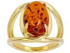 14x10mm Oval Amber 18k Yellow Gold Over Sterling Silver Ring. Measures Approximately 0.93"L x 0.76"W. Not Sizeable.