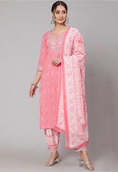 Pure Cotton Punjabi Suit in Pink This Readymade attire is Enhanced with Bandhej Print, Mirro Effect, Zari and Sequins Work. Crafted in Notched Round Neck and Quarter Sleeve Available with a Pure Cotton Salwar in White and Dark Peach and a Tie Dyed Poly Cotton Dupatta in White The Kameez and Bottom Lengths are 46 and 38 inches respectively Do note: Accessories shown in the image are for presentation purposes only and length may vary upto 2 inches.(Slight variation in actual color vs. image is pos Pink Fitted Straight Kurta Set, Festive Bandhani Print Sets For Spring, Festive Spring Sets With Bandhani Print, Pink Cotton Wedding Sets, Traditional Bandhani Print Sets For Spring, Fitted Pink Sets With Printed Motifs, Pink Cotton Dupatta Set, Pink Cotton Sets With Dupatta, Pink Cotton Set With Dupatta