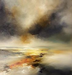 an abstract painting with clouds and water in the foreground, overcast skies above