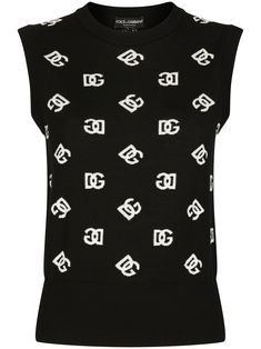 intarsia-logo knitted vest top from DOLCE & GABBANA featuring black/white, virgin wool-silk blend, intarsia-knit logo, crew neck, sleeveless, straight hem and ribbed hem. Wool Waistcoat, Silk Vest, Dg Logo, Logo Knit, Outerwear Vest, Dolce E Gabbana, Sweater Design, Sleeveless Sweater, Wool Blend Sweater