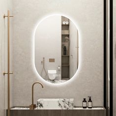 a bathroom with a round mirror above the sink