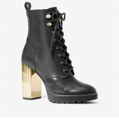 Michael Kors Porter Women’s Leather Ankle Combat & Lace-Up Boots Brand New No Box Michael Kors Boots, Michael Kors Fashion, Leather Heeled Boots, Wedge Ankle Boots, Leather Lace Up Boots, Lace Up Booties, Black Leather Heels, Gold Heels, Boot Brands