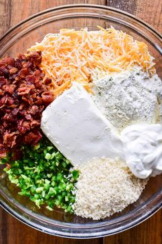 ingredients to make bacon cheeseburger in a glass bowl on a wooden table top