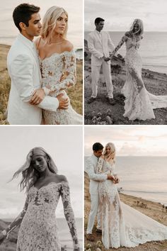 four different pictures of people in wedding dresses