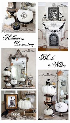 white pumpkins and other decorative items are arranged in this collage with the words autumn decorating black and white