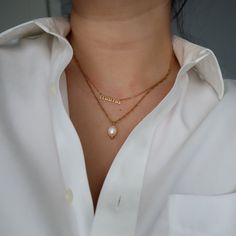 Dainty and delicate, this is the necklace you want for an everyday wear. Pairs well with our Pearl Threaders or Grace Hoops. -stainless steel, gold plated -15.5" chain with 2" extender Elegant Personalized Stainless Steel Chain Necklace, Personalized Dainty Stainless Steel Necklaces, Dainty Personalized Stainless Steel Necklace, Personalized Dainty Stainless Steel Necklace, Trendy Gold Clavicle Chain Name Necklace, Dainty Brass Clavicle Chain Necklace, Trendy Gold Name Necklace With Clavicle Chain, Elegant Name Necklace With Adjustable Chain, Elegant Metal Name Necklace With Adjustable Chain