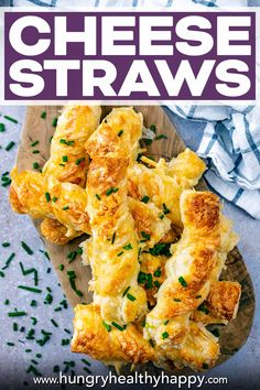 cheesy straws on a wooden platter with text overlay