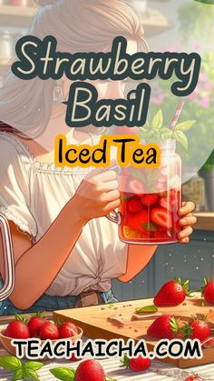 strawberry basil iced tea recipe with text overlay