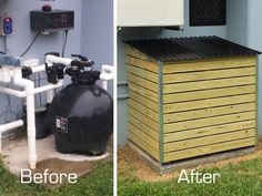 before and after photos of a water heater in the grass with pipes running from it