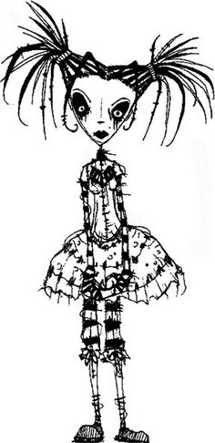 a black and white drawing of a girl in a dress