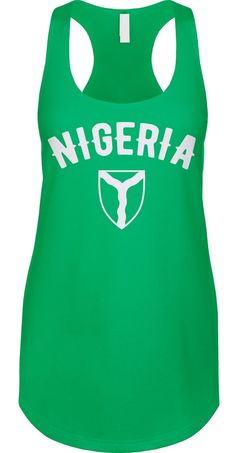 a women's green tank top with the word, nigeria on it