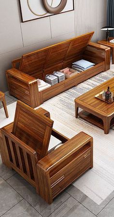 a living room filled with wooden furniture on top of a white carpeted floor next to a window