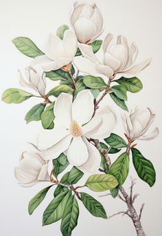 a painting of white flowers on a branch with green leaves and branches in the foreground