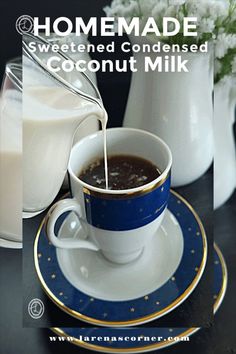 Condensed milk being poured into a espresso. Dairy Free Sauce Recipes, Homemade Sweetened Condensed Milk, Dairy Free Sauces, Condensed Coconut Milk, Sauces Recipes, Coconut Pecan Frosting, Coconut Milk Recipes, Homemade Condiments, Iced Tea Recipes