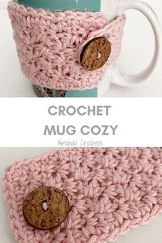 crochet mug cozy with a cookie in the middle and coffee cup on top