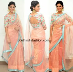 Boat Neck Saree Blouse Design, Peach Colour Blouse Designs, Unique Blouse Designs Saree, Blouse Boat Neck Design, Blouse Ideas For Lehenga, Back Designs For Blouse Saree, Priyanka Bhardwaj, Linen Saree Blouse Designs, Boat Neck Blouses