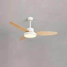 a white ceiling fan with two wooden blades on it's sides and a light fixture in the middle