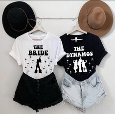 two t - shirts that say the bride and the djmos are hanging on a wall