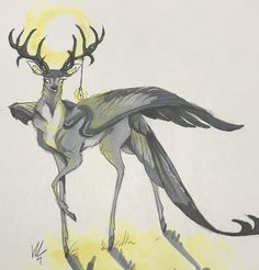 a drawing of a deer with large antlers on it's back legs and tail