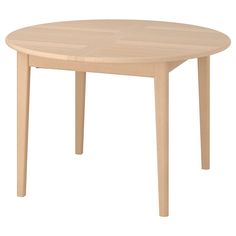 a round wooden table with two legs and a circular shape on the top, in light wood