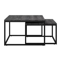 two tables with black metal frame and wood top, one on the other end table