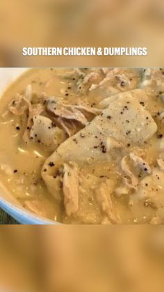 a white bowl filled with chicken and dumplings