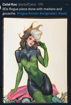 a drawing of a woman in green and black