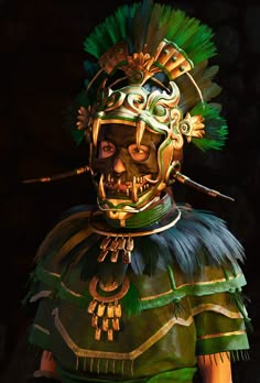 a man in green and gold costume with feathers on his head