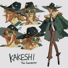 the character kakeshi is dressed in green and has four hats on her head