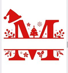 the letter m is decorated with christmas trees and holly branches, as well as a santa's hat