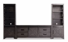 a large entertainment center with sliding doors and drawers on the side, in dark wood