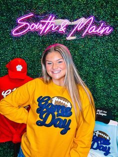 Be ready for game day with this sweatshirt! Featuring black glitter chenille, navy game day, and a football, it’s perfect for football season and will match any school colors! So cute and comfortable. You need one of these for game days. Make football season even more fun with this sweatshirt! Unisex sizing and fit Size: Adult Small - Adult 3XL There are many different shirt colors. If the variant you want is not in the dropdown but in the picture, specify it in the "notes" section at checkout. Long Sleeve Sweatshirt For Football Season Game Day, Game Day Sports Fan Fleece Sweatshirt, Game Day Football Season Crew Neck Sweatshirt, Letter Print Sweatshirt For Game Day, Football Season, Team-colored Fleece Sweatshirt For Game Day, Chenille Sweatshirt, Game Day Football, Football Sweatshirt, Medium Purple