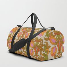 Retro Flowers Vintage Pattern Duffle Bag #Retro #Flowers #Vintage #travel #bags Orange Pink Flowers, Duffle Bag Patterns, Orange Bag