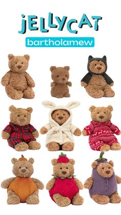 a group of teddy bears wearing sweaters and hats with the words jellycat on them